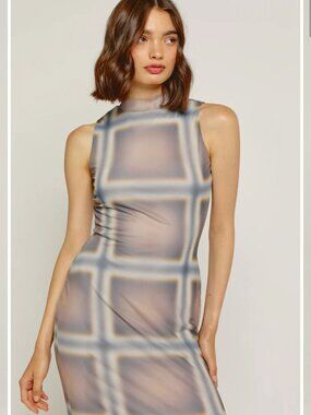 Another Girl Plaid Mesh Midi Dress NWT
